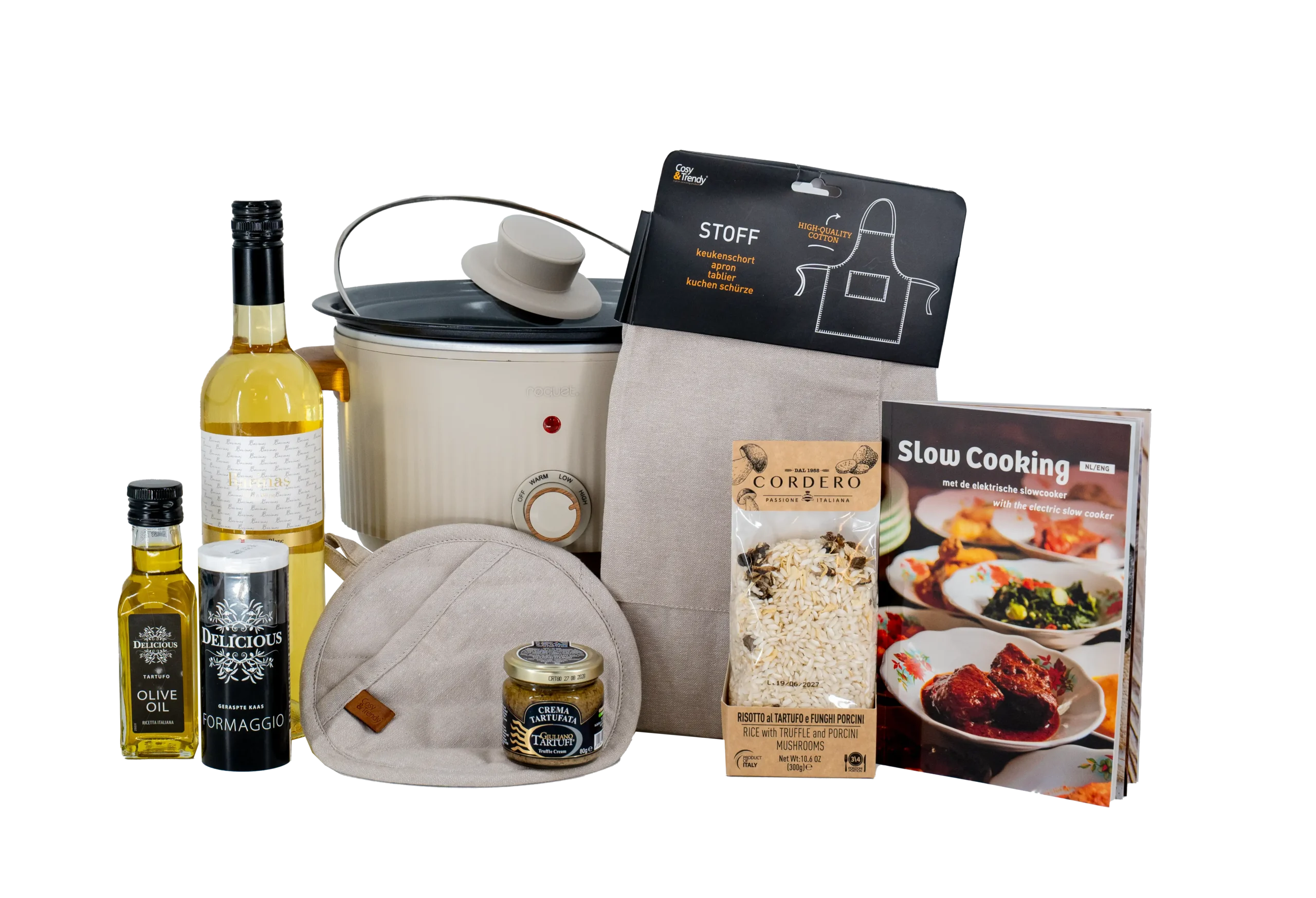 kerstpakket met slowcooker en witte wijn