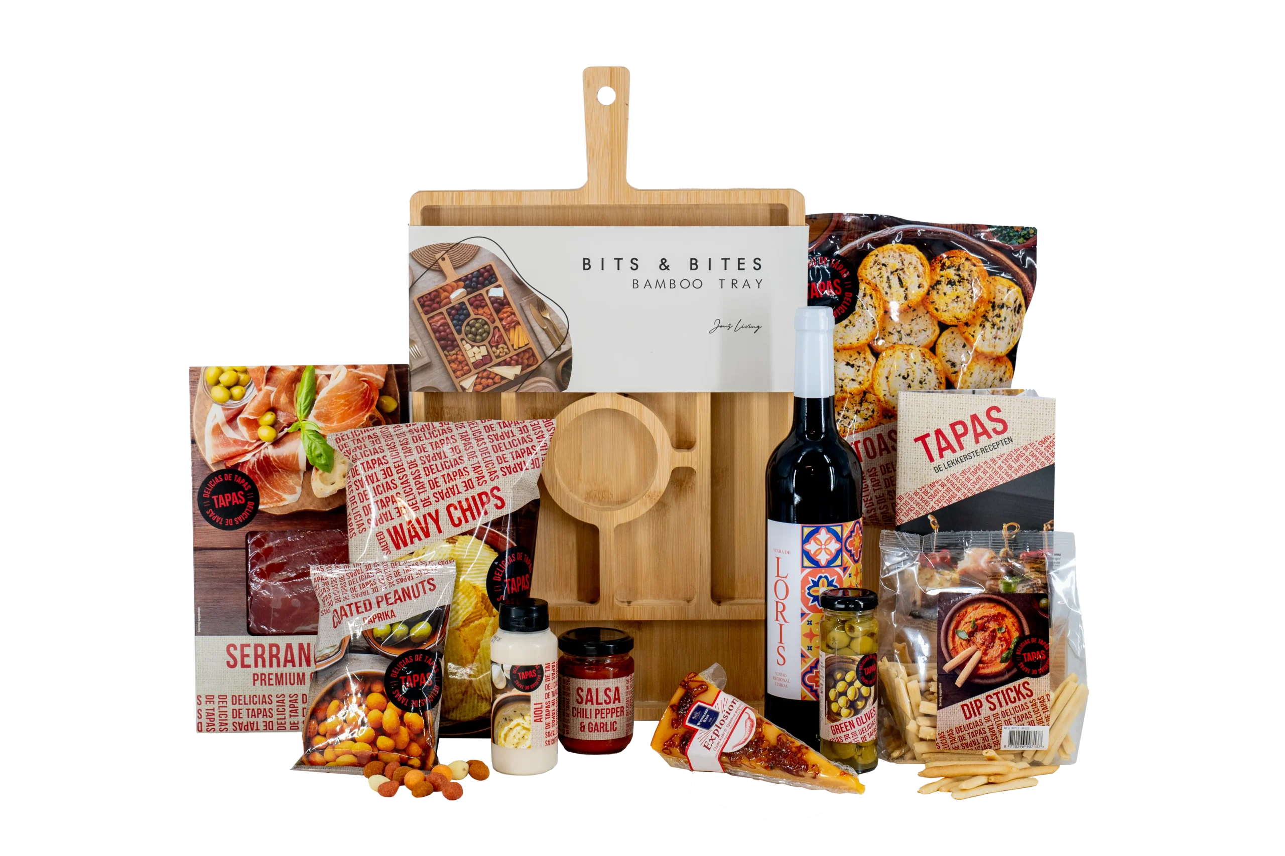 Gezellig kerstpakket tapas time met lekkere hapjes en rode wijn.