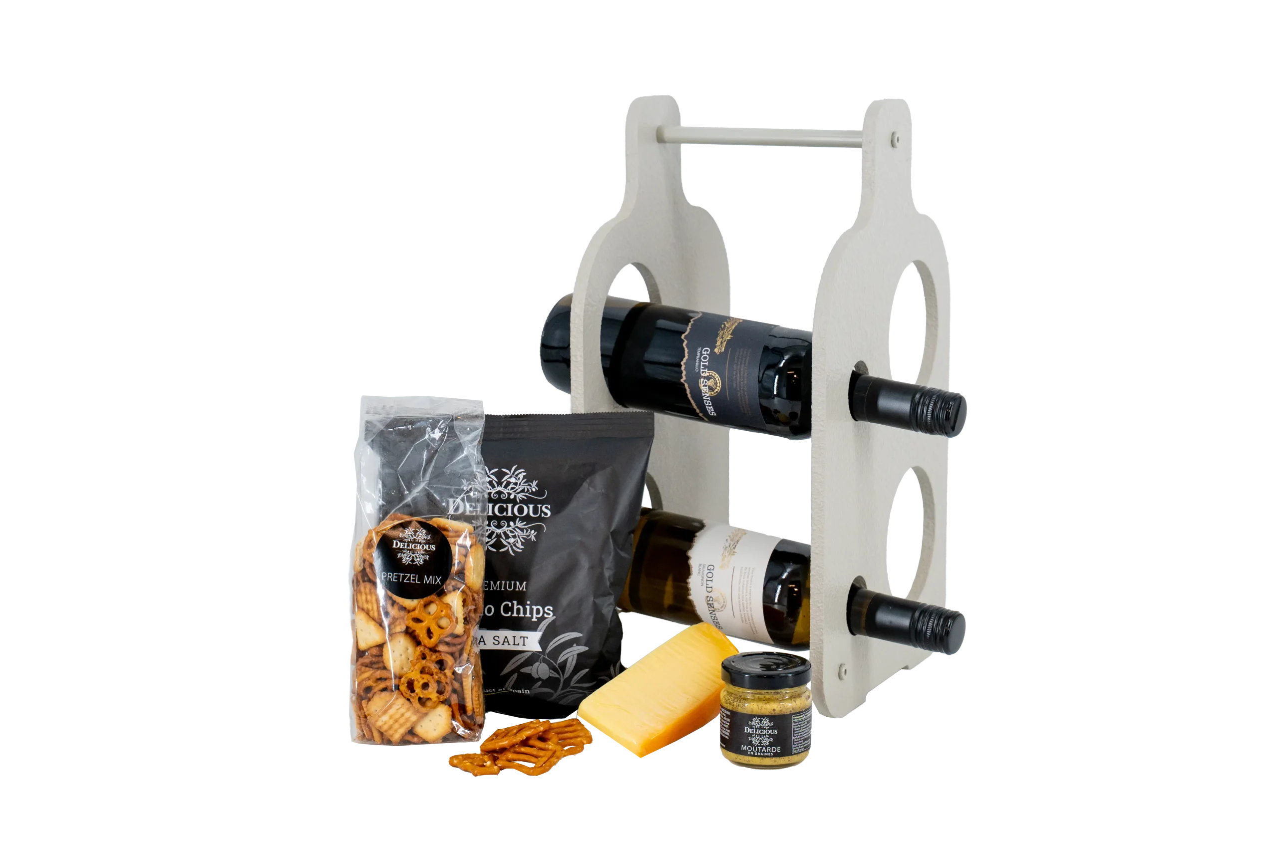 kerstpakket wine & bites met wijn, wijnrek, en lekkere snacks.